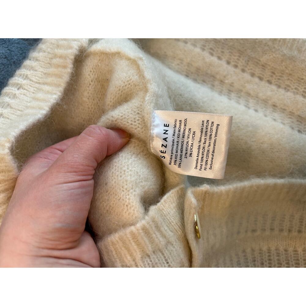 Sezane Cream V neck cardigan lace detail kid mohair / merino wool Sz L - EUC - Picture 4 of 10